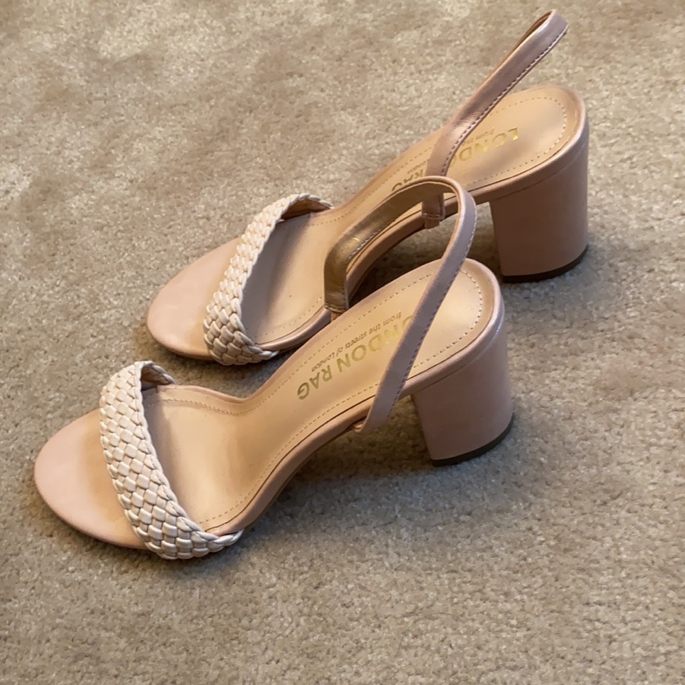 Nude blush sling back block heel braided sandals - Picture 2 of 8